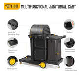3-Shelf Commercial Cleaning Cart with Wheels, Housekeeping Caddy with Locker, Black, Great for Hotel, Stores, Schools