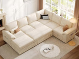 108'' Modular Sectional Sofa with Pull Out Bed, Sleeper Sofa, Beige | U Shaped 7 Seat Sectional Couches for Living Room