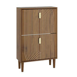 Smuxee Shoe Cabinet with 2 Flip Drawers, 23.6" Walnut Hidden Shoe Storage Cabinet with Line Groove Design, Freestanding Shoe Organizer Cabinet for Entryway, Hallway, Living Room