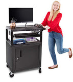 AV Cart with Keyboard Tray and Locking Metal Cabinet, Heavy Duty Mobile Workstation with 4 Rolling Casters