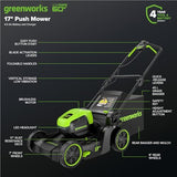 Greenworks 60V 17" Brushless (Push) Mower + 60V (610 CFM) Brushless Blower, 4.0Ah Battery and 3A Charger