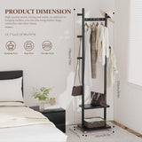 Solid Wood Coat Rack Freestanding Clothing Rack with Wheels & 2 Shelves Storage & 5 Hooks Heavy Duty Clothes Rack Wood Coat Tree Stand Hat Hanger Rack