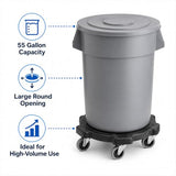 Getzi 1 Pack 55 Gallon Gray Round Commercial Trash Can with Lid and Dolly