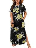 AusLook Plus Size Maxi Dresses for Women Summer Casual Long Dress Short Sleeve Crew Neck Flowy Split Beach Black Golden Floral 2X Sundress Vacation T Shirt Dress with Pockets