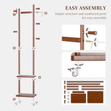 Solid Wood Coat Rack Freestanding Clothing Rack with Wheels & 2 Shelves Storage & 5 Hooks Heavy Duty Clothes Rack Wood Coat Tree Stand Hat Hanger Rack