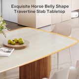 Tribesigns 78.74" Travertine Slab Dining Table for 8-10, Modern Horse Belly Dining Table, Luxury White & Brown Kitchen Table