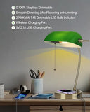 Newrays Green Glass Bankers Desk Lamp with Wireless Charger, USB Charging Port for Home Office,Stepless Dimmable Table Lamp Plug in Fixture