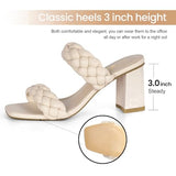 Athlefit Women's Braided Heeled Sandals Summer Square Open Toe Heels Slip On Block Heels Beige Size 6