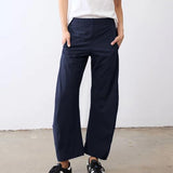 SeeLuNa Women Barrel Travel Pants Elastic Waistband Tapered Leg Baggy Mid Rise Work Trousers Lounge Pant with Pockets(Navy,S)