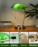 Newrays Green Glass Bankers Desk Lamp with Wireless Charger, USB Charging Port for Home Office,Stepless Dimmable Table Lamp Plug in Fixture