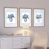 3Pcs Blue Hydrangea Chinoiserie Wall Art Blue and White Stripe Vase Wall Decor Pictures Trendy Preppy Aesthetics Floral Posters Prints for Dorm Apartment Woman Bedroom Decoration Unframed 12x16in