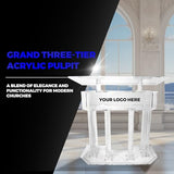 Kingdom Acrylic Lectern or Podium with 6 Column Base and a Wide Middle Shelf with Plenty of Space