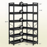GTPLAYER 6-Tier Corner Bookshelf, L-Shaped Metal Frame Shelf with Tall 14" Shelves, Plant Stand and Storage Rack for Small Spaces, Living Room and Home Office, Black