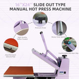 16x24 Manual Heat Press Machine with Slide-Out Base, 2000W Clamshell Heat Press for T-Shirts