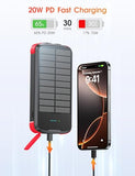 SOXONO Solar Charger Power Bank, PD 20W Fast Charging External Batter, 40000mAh Portable Phone Charger Built in 4 Cables with Dual Bright Flashlights for Camping, Hiking, and Outdoor Use（RED）