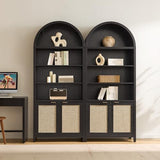 SICOTAS 84.2" Tall Arched Bookcase with Doors - 5 Tier Rattan Bookshelf