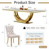 94.5" Large Marble Dining Table Set for 10, Luxury White Gold Kitchen Table with 10 Beige Velvet Dining Chairs
