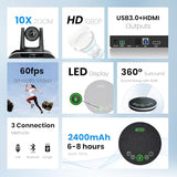 Conference Room Video Camera System, All-in-One HD Camera and Bluetooth Conference Speaker with Microphones Bundle for Medium Room