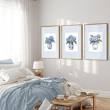 3Pcs Blue Hydrangea Chinoiserie Wall Art Blue and White Stripe Vase Wall Decor Pictures Trendy Preppy Aesthetics Floral Posters Prints for Dorm Apartment Woman Bedroom Decoration Unframed 12x16in