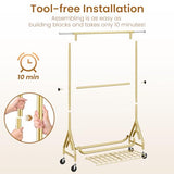 JIEJIERUI Heavy Duty Clothes Rack for Hanging Clothes, Double Rods Clothing Rack with Lockable Wheels, Rolling Garment Racks, Gold