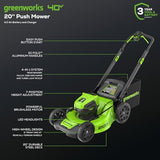 Greenworks 40V 20" Brushless Push Mower, 4.0Ah Battery (Aluminum Handles + Light)