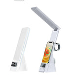IHAO 6in1 Multifunctional Foldable LED Table Lamp with Wireless Charger Digital Alarm Clock Eye-Care Lighting 3 Color Modes 15W Qi Charger for Phone/Headphones, iWatch Charger Compatible-N61 White