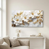 daktenn Canvas Wall Art for Living Room Bedroom Office White and Gold Flower Artwork Large Botanical Floral Wall Art Modern Canvas Prints 24x48 Inches