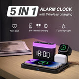 ANJANK Wireless Charging Station,5 in 1 Multiple Charger Stand with Alarm Clock,7 Night Light, Mag-Safe Charging Dock for iPhone