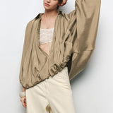 Talakeno Womens Puffed Bomber Jacket Casual Batwing Sleeve Lapel Collar Zip Shirts Oversized Pleated Streetwear Jackets(Khaki,L)
