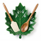 Large Double Spoon Rest Green Ceramic Maple Leaf for Stove Top and Counter