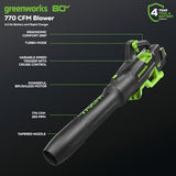 Greenworks 80V 770 CFM Cordless Leaf Blower, 4.0Ah Battery and Rapid Charger
