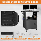 Mobile AV Cart with Push Handles, Heavy Duty Rolling Media Cart with Customized Pegboard & Hooks, 4 Outlets