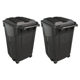 2 PCS 45 Gallon Heavy Duty Plastic Garbage Cans Trash Cans Rubbish Bin Attached Lid 2 Built in Rugged Wheels Easy Grip Handle