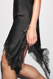 Women's Satin Lace Dress Asymmetric Cocktail Mini Dress Layering Essentials Elegant Dresses Date Night Outfits(Black,L)
