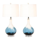 Pemberly Row Table Lamps Set of 2, 28-Inch Blue Tone Glass Base, Linen Hardback Shade, 3-Way Switch, Max 100W Bulb, Elegant Lighting for Living Room or Bedroom Decor