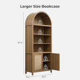 SICOTAS 84.2" Tall Arched Bookcase with Doors - 5 Tier Rattan Bookshelf
