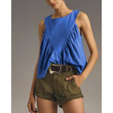 Hixiaohe Shirred Swing Tank Tops for Women Fashion Flowy Sleeveless Shirts Casual Crew Neck Blouse Loose Fit Ruffled Tops(Dark-Blue,S)