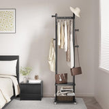 Solid Wood Coat Rack Freestanding Clothing Rack with Wheels & 2 Shelves Storage & 5 Hooks Heavy Duty Clothes Rack Wood Coat Tree Stand Hat Hanger Rack