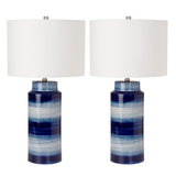 Pemberly Row Coastal Table Lamps, Set of 2, 30-Inch Ceramic Base, Navy and White Finish, Linen Hardback Shades, 3-Way Switch, Coastal Style Lighting for Living Room or Bedroom