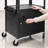 Line Leader AV Cart w/Locking Cabinet, Black Metal Utility Cart with Storage Shelf - Height Adjustable (Black, 24in x 18in)