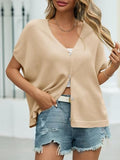 NEWHER Womens Batwing Short Sleeve Cardigans Sweaters Tops Spring Summer 2026 Oversized V Neck Button Up Knit Cardigan Khaki