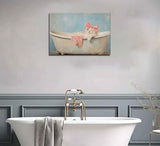 Cute Bathroom Cat In Bathtub Canvas Wall Art Trendy Pink Bow White Cat Wall Decor Pictures Aesthetic Posters Prints for Girly Bathroom Toilet Decoration 12x16in