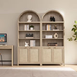 SICOTAS 84.2" Tall Arched Bookcase with Doors - 5 Tier Rattan Bookshelf