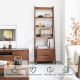 Ladder Shelf with Drawers, 5 Tier Wood Shelf, Tall Narrow Bookcase