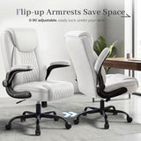GTPOFFICE Executive Office Chair with Comfortable Lumbar Support, Ergonomic Gaming Chair with Flip-up Armrests & Zoned Pressure-Relief Cushion, Comfy PU Leather Desk Chair, White