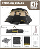 FanttikOutdoor Zeta C4 Pro Camping Tent 4 Person Instant Cabin Tent Setup in 60 Seconds with Rainfly & Windproof Portable with Carry Bag for Family Camping & Hiking, Khaki