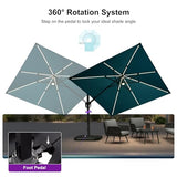 PURPLE LEAF 10 Feet Patio Umbrella Outdoor Cantilever Solar Powered LED Swivel Square Umbrella Aluminum Offset Umbrella, Turquoise Blue