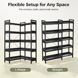 GTPLAYER 5-Tier Corner Bookshelf, L-Shaped Metal Frame Shelf with Tall 14" Shelves, Plant Stand and Storage Rack for Small Spaces, Living Room and Home Office, Black