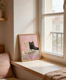 Framed Funny Black Cat Wall Art Champagne Oyster Bar Cart Picture Wall Decor Whimsical Black Cat Poster Print for Dining room Kitchen Living room Home Decoration 12x16in