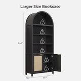 SICOTAS 84.2" Tall Arched Bookcase with Doors - 5 Tier Rattan Bookshelf